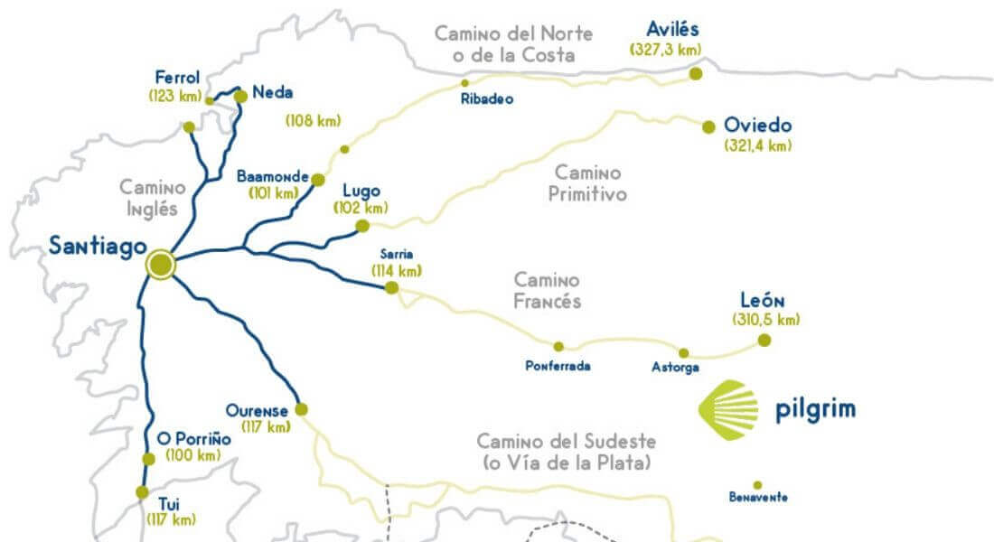 Ultimi 100 km del Cammino di Santiago, Rotte e Tappe